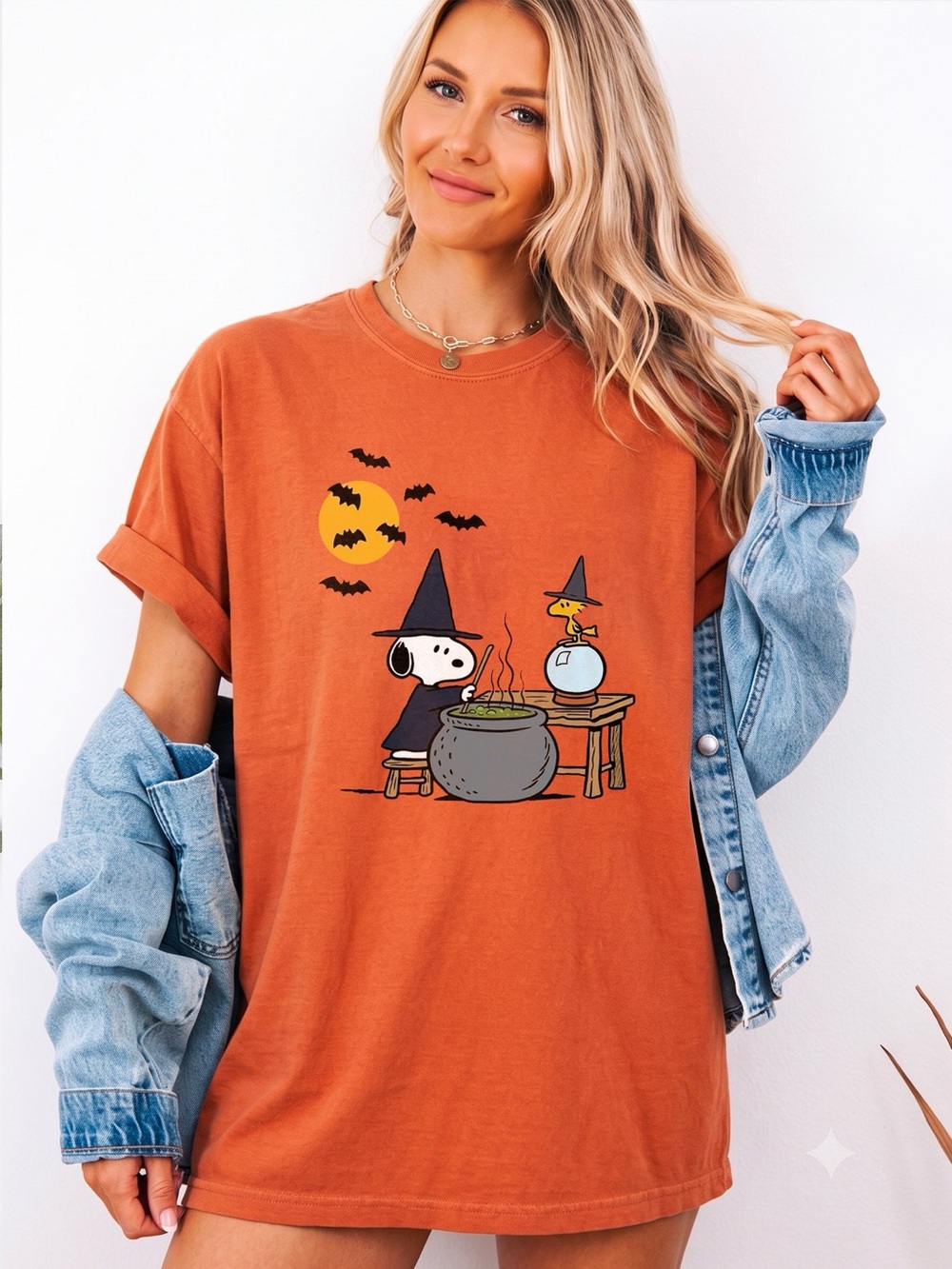 Snoopy Woodstock Halloween Witch Comfort Colors Orange Graphic Tee - Picture 2 of 4